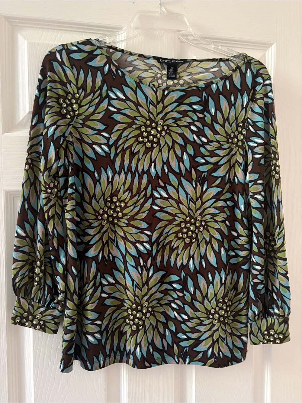 Designers Originals Brown Floral-Print Long Sleeve Blouse - Green & Blue